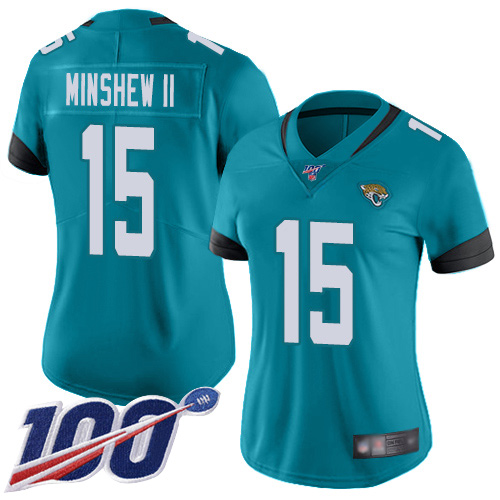 Nike Jacksonville Jaguars 15 Gardner Minshew II Teal Green Alternate Women Stitched NFL 100th Season Vapor Limited Jersey